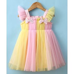Babyhug Woven Frill Sleeves Mesh Party Dress with Booties Bow Applique & Sequin Detailing - Yellow