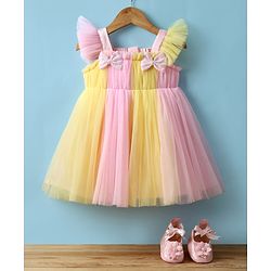 Babyhug Woven Frill Sleeves Mesh Party Dress with Booties Bow Applique & Sequin Detailing - Yellow