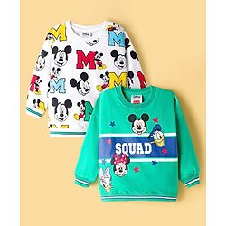 Babyhug Disney Terry Knit Drop Shoulder Full Sleeves Sweatshirts with Mickey and Friends Graphic Pack of 2 - Green & White