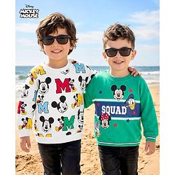 Babyhug Disney Terry Knit Drop Shoulder Full Sleeves Sweatshirts with Mickey and Friends Graphic Pack of 2 - Green & White