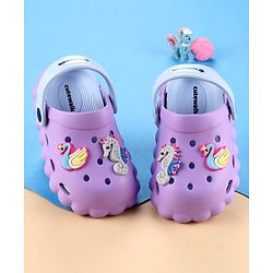 Cute Walk by Babyhug Back Strap Closure Clogs with Duck & Seahorse Applique - Purple