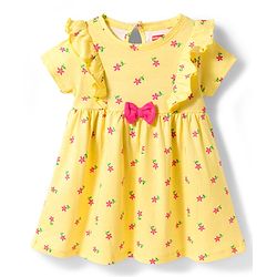 Babyhug Single Jersey Knit Half Sleeves Floral Printed Frock with Bloomer & Bow Applique - Yellow