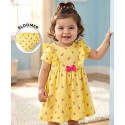 Babyhug Single Jersey Knit Half Sleeves Floral Printed Frock with Bloomer & Bow Applique - Yellow