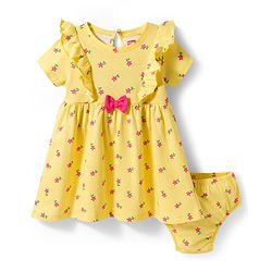 Babyhug Single Jersey Knit Half Sleeves Floral Printed Frock with Bloomer & Bow Applique - Yellow