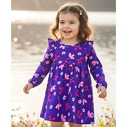 Babyhug Single Jersey Knit Full Sleeves Frock With Bloomer & Floral Print - Purple