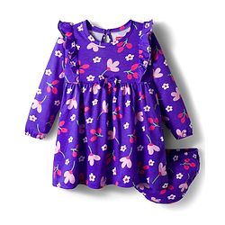 Babyhug Single Jersey Knit Full Sleeves Frock With Bloomer & Floral Print - Purple