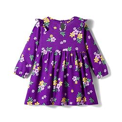 Babyhug Single Jersey Knit Full Sleeves Frock with Bloomer with Floral Print Frill Detailing & Bow Applique - Purple
