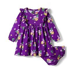 Babyhug Single Jersey Knit Full Sleeves Frock with Bloomer with Floral Print Frill Detailing & Bow Applique - Purple