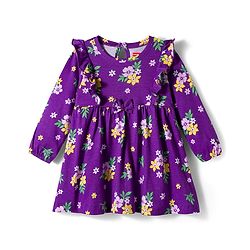 Babyhug Single Jersey Knit Full Sleeves Frock with Bloomer with Floral Print Frill Detailing & Bow Applique - Purple
