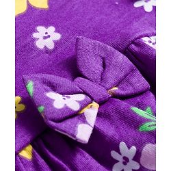 Babyhug Single Jersey Knit Full Sleeves Frock with Bloomer with Floral Print Frill Detailing & Bow Applique - Purple