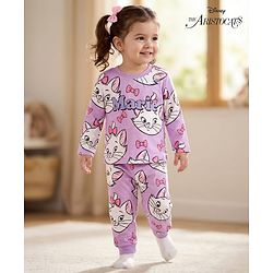 Babyhug Disney Single Jersey Knit Full Sleeves Co-ords Night Suit With Marie Print - Lavender