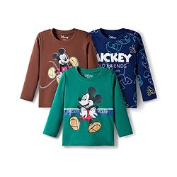 Babyhug Disney Single Jersey Knit Full Sleeves T-Shirt with Mickey Mouse & Friends Graphic Pack of 3 - Brown Green & Navy Blue