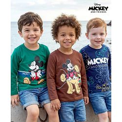 Babyhug Disney Single Jersey Knit Full Sleeves T-Shirt with Mickey Mouse & Friends Graphic Pack of 3 - Brown Green & Navy Blue