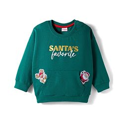 Babyhug Cotton Knit Full Sleeves Sweatshirt With Christmas Print & Kangaroo Pockets - Green