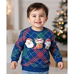 Babyhug Cotton Knit Full Sleeves Checks Sweatshirt With Santa Claus & Reindeer Applique - Navy Blue