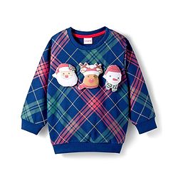 Babyhug Cotton Knit Full Sleeves Checks Sweatshirt With Santa Claus & Reindeer Applique - Navy Blue