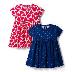 Babyhug Single Jersey Knit Half Sleeves Heart & Polka Dot Printed Frocks With Bow Applique Pack of 2 - Navy Blue & White