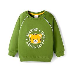 Babyhug Cotton Knit Full Raglan Sleeves Sweatshirt With Animal & Text Print - Green
