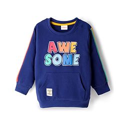 Babyhug Cotton Knit Full Sleeves Sweatshirt With Text Print & Kangaroo Pocket - Navy Blue