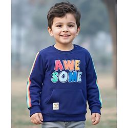 Babyhug Cotton Knit Full Sleeves Sweatshirt With Text Print & Kangaroo Pocket - Navy Blue