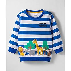 Babyhug Cotton Knit Full Sleeves Striped Sweatshirt With Animal Print & Embroidery - Blue