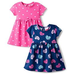 Babyhug Single Jersey Knit Half Sleeves Frocks With Heart Print & Bow Applique Pack of 2 - Navy Blue & Pink