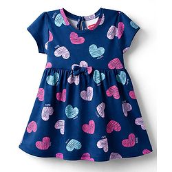 Babyhug Single Jersey Knit Half Sleeves Frocks With Heart Print & Bow Applique Pack of 2 - Navy Blue & Pink