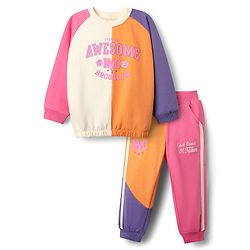Babyhug Terry Knit Full Raglan Sleeves Top & Bottomwear Set With Text Print - Multicolour