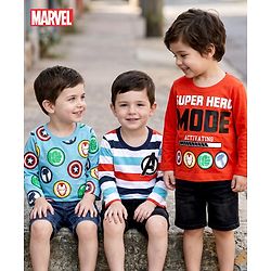 Babyhug Marvel Single Jersey Knit Full Sleeves T-Shirt with Avengers Graphic Pack of 3 - Light Blue White & Orange