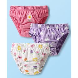 Babyhug 100% Cotton Knit Antibacterial Panties With Floral Print Pack Of 3 - Purple White & Pink
