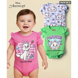Babyhug Disney 100% Cotton Half Sleeves Onesies With Aristocats Marie Graphics Pack Of 3 - Light Green Pink & Blue