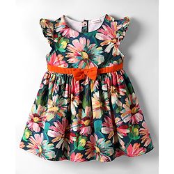 Babyhug Cotton Knit Frill Sleeves Frock With Floral Print & Bow Applique - Navy Blue