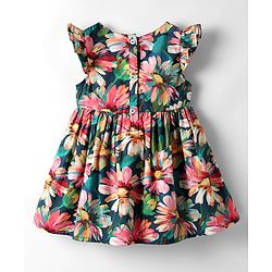 Babyhug Cotton Knit Frill Sleeves Frock With Floral Print & Bow Applique - Navy Blue