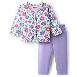 Babyhug Single Jersey Knit Full Sleeves Front Open Top & Trouser Set With Floral Print - White & Purple