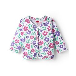 Babyhug Single Jersey Knit Full Sleeves Front Open Top & Trouser Set With Floral Print - White & Purple
