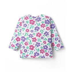 Babyhug Single Jersey Knit Full Sleeves Front Open Top & Trouser Set With Floral Print - White & Purple