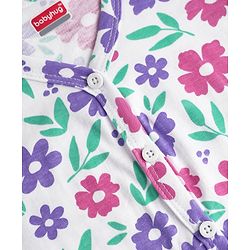 Babyhug Single Jersey Knit Full Sleeves Front Open Top & Trouser Set With Floral Print - White & Purple