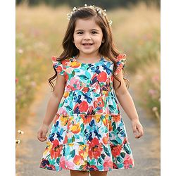 Babyhug Cotton Knit Frill Sleeves Frock with Floral Print & Bow Applique - Multicolor