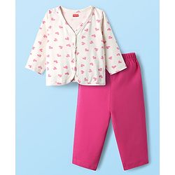 Babyhug Single Jersey Knit Full Sleeves Hearts Printed Front Open Top & Pant Set - White & Dark Pink