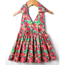 Babyhug 100% Cotton Sleeveless Halter Neck Floral Printed Dress With Bow Applique - Multi Colour