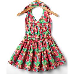 Babyhug 100% Cotton Sleeveless Halter Neck Floral Printed Dress With Bow Applique - Multi Colour