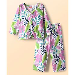 Babyhug Single Jersey Knit Full Sleeves Tropical Theme Printed Front Open Top & Pant Set - Multi Colour
