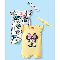 Babyhug Disney Interlock Knit Frill Sleeves Front Open Rompers with Headband & Minnie Mouse Graphics Pack of 2 - White & Yellow