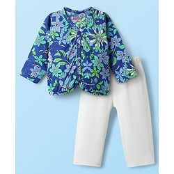 Babyhug Single Jersey Knit Full Sleeves Floral Printed Front Open Top & Pant Set - Blue & White