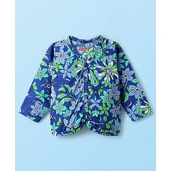 Babyhug Single Jersey Knit Full Sleeves Floral Printed Front Open Top & Pant Set - Blue & White