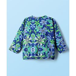 Babyhug Single Jersey Knit Full Sleeves Floral Printed Front Open Top & Pant Set - Blue & White