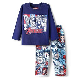 Babyhug Marvel Single Jersey Knit Full Sleeves Night Suit with Avengers Graphics - Navy Blue