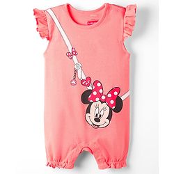Babyhug Disney Interlock Knit Frill Sleeves Romper With Minnie Mouse Graphics - Pink