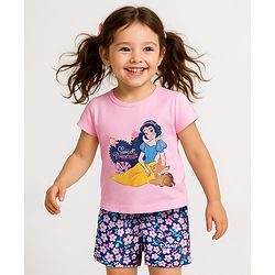 Babyhug Disney 100% Cotton Half Sleeves Shorts Night Suit With Snow White Graphic - Pink & Navy Blue