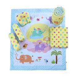 Babyhug 100% Cotton Crib Bedding Set Elephant Print Regular - Multicolor(Cot not Included)| Quilt,Cot Bumper,U Shape Pillow, Crib Sheet, 2 Bolsters| Compact Fold & Storage| Soft & Breathable| Washable